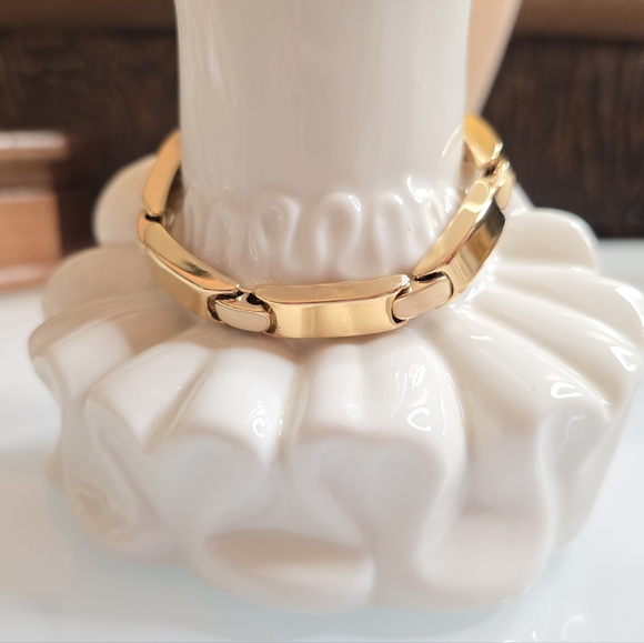 Monet Jewelry - Vintage Monet Bar Link Bracelet Gold Tone Ivory Enamel Links & Saftey Chain
